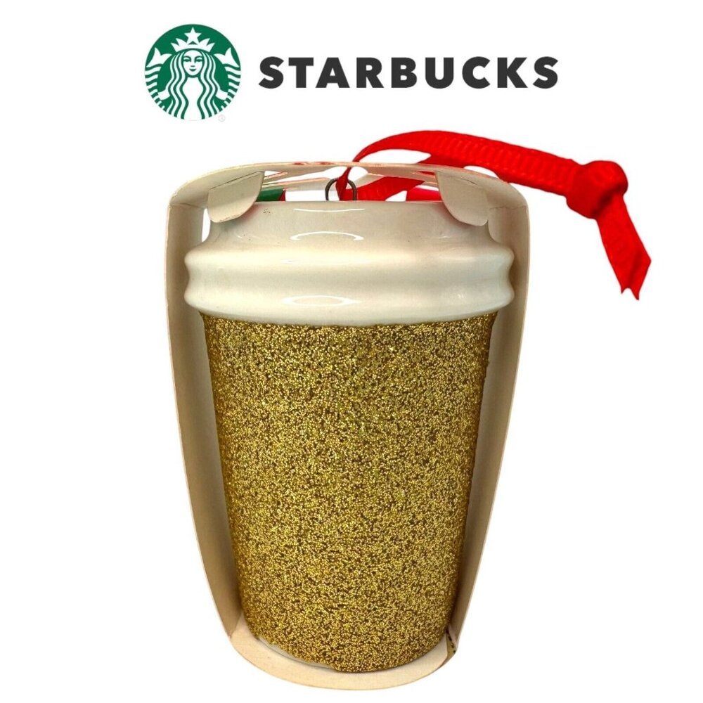 Starbucks 2018 Gold Glitter Tumbler Christmas Ornament NEW Ceramic Coffee‎ Mini